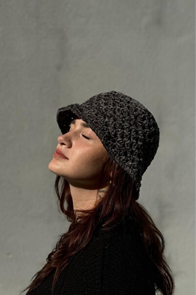MELUSH Anthracite Colored Hand Knitted Velvet Hat, Bucket Hat, Winter Knitted Hat