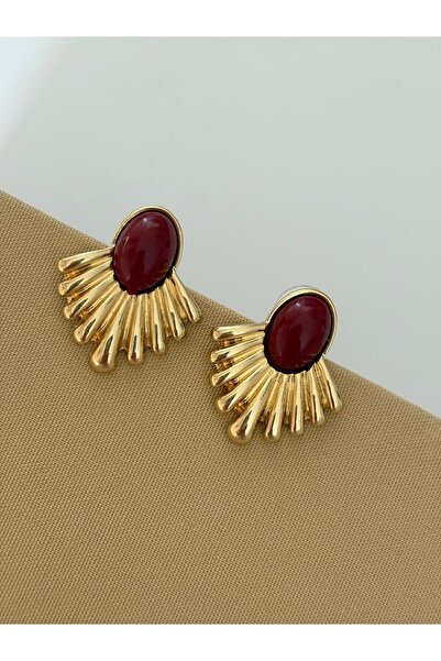 marsel aksesuar Bordo Mineli Yelpaze Model Orta Boy Gold Çelik Küpe