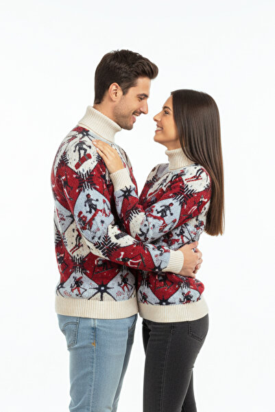 Pulltonic Unisex Yılbaşı Konseptli Yarım Balıkçı Yaka Kazak | %68 Kuzu Yünü