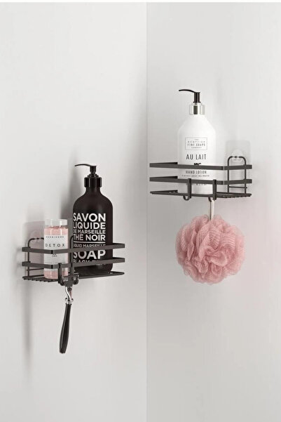 MegaVitrin رف حمام تكنو تيل ST-281 لاصق أسود مكون من قطعتين مع خطافات |   منظم شامبو للاستحمام بدون ثقوب