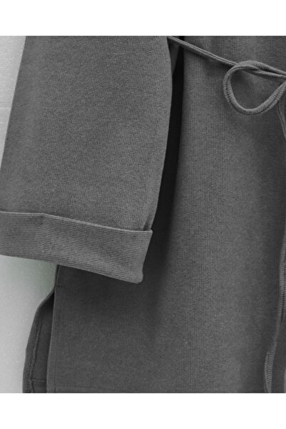 Modamorfo Slit Ribbed Knit Tunic with Layered Sleeves and Tie Waist - Gray