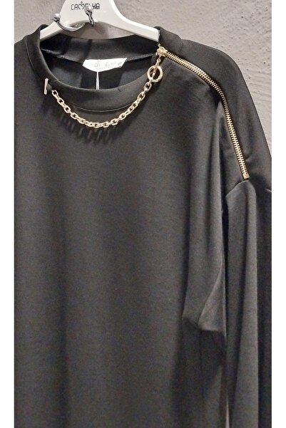 Camelya Fashion Women's Shoulder Zipper Detail and Chain Necklace Top Quality Tunic