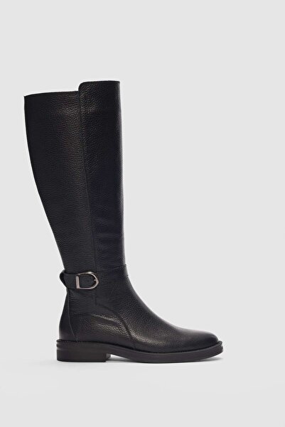 selin shoes Zevon Genuine Leather Side Zipper Ankle Adjustable Buckle Detailed Women's Boots-Black