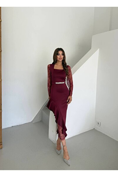 Siseniorita Rochie Midi Elegantă Dama cu Mâneci din Dantelă, Decolteu Pătrat ...