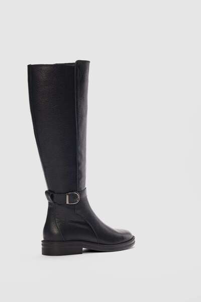 selin shoes Zevon Genuine Leather Side Zipper Ankle Adjustable Buckle Detailed Women's Boots-Black