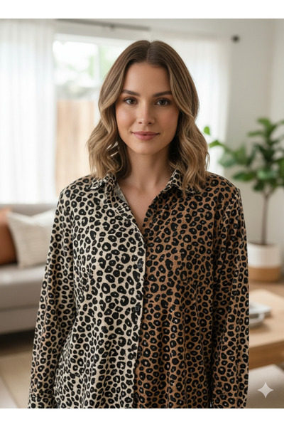 sleeproom Leopar Çift Renk açıkvekoyu Düğmeli süet TEKÜST