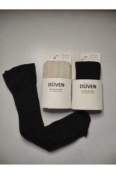 DÜVEN Pack of 2 Soft Texture Thick Winter Black & Cream Color Knee-High Socks with Classic Knit Pattern