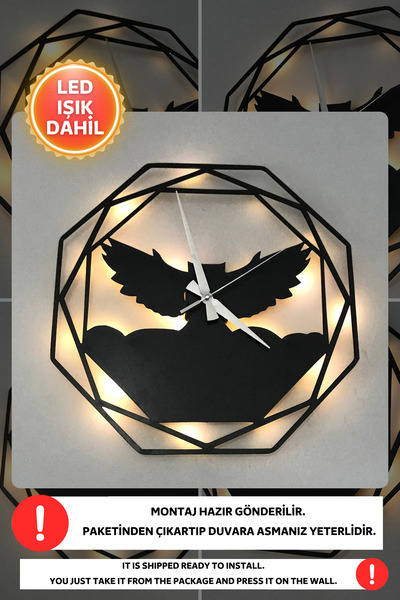 Dekor Led Işıklı Baykuş Duvar Saati Sessiz Dekoratif Modern Siyah Ahşap Duvar Saati 40x40cm