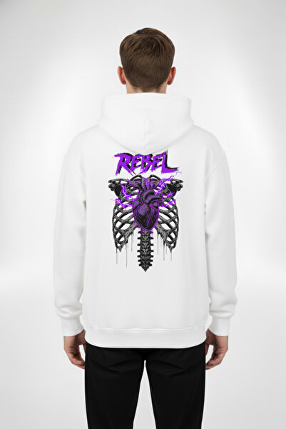 Rebel Baskılı Siyah/Beyaz Hoodie | Mor Şimşekli İskelet Kalp Tasarım Sweatshirt | Rahat Kesim