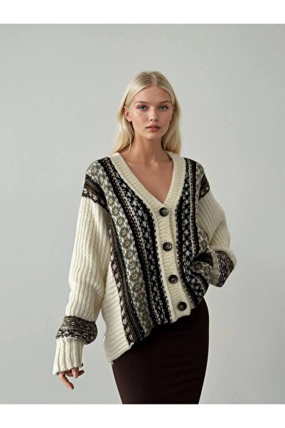 İLKCET MODA Ethnic Patterned Women's Oversized Knitted Cardigan