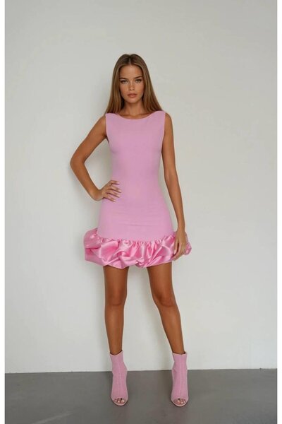 Moda Asrın Pudra Şortlu Balon Etek Detaylı Elbise