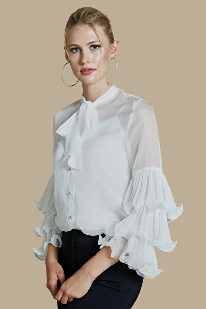 SERPİL Kadın Gömlek - Fular Yaka - Kat Kat Kol Detaylı - Modern ve Şık - Davet ve Özel Günler için Gömlek