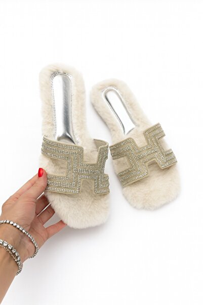 Giydim Gidiyor Lumay Srebrno Pero Papuče Bež