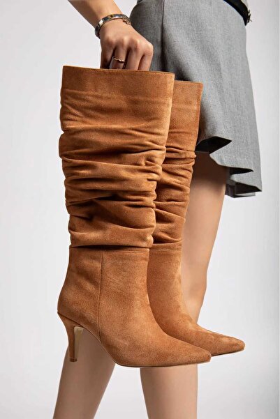 BUNİPARK Women's Pointed Toe Bellows Suede Boots Heel Height 8 cm