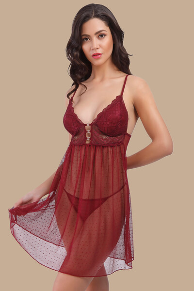 BÜŞRA Üçgen Kaplı Dantel Detaylı Tül Gecelik-Kutulu