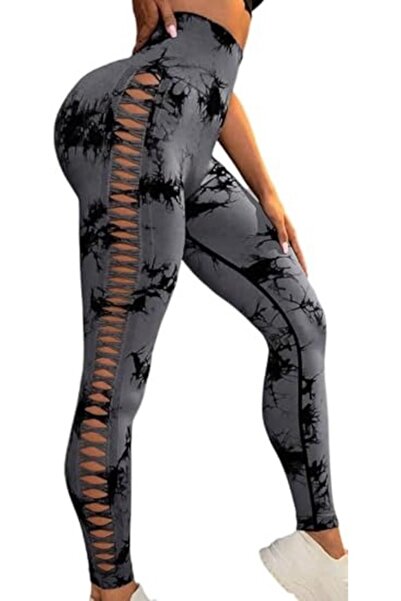 OEM Women's Sports Leggings, Scrunch Butt Push Up, Tie-dye, Opaque, High Waist, Size L, Dark Gray