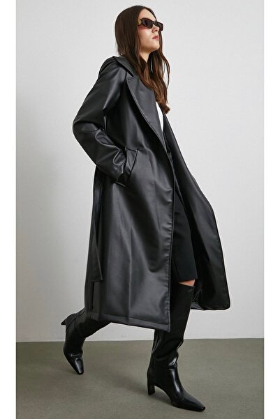 Enter Black Belted Midi Length Leather Trench Coat