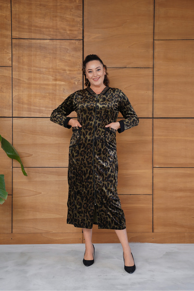 verabelle Velvet Fabric Leopard Print Plus Size Zipper through Stone Dress