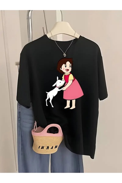 CLASİVA Modern Design Special Haıdı and Kuzu Baskıl Unisex Oversized Crew Neck T-Shirt