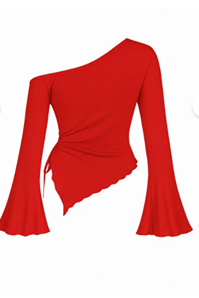 greymoda Κόκκινο μακρυμάνικο ασύμμετρο γιακά μπλούζα με ντραπέ πλαϊνά κορδόνια