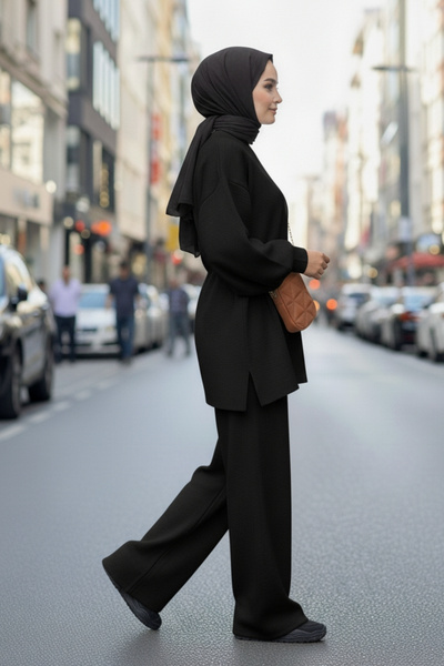 İpli Women's Balloon Sleeve Wide Leg Top and Bottom Hijab Set