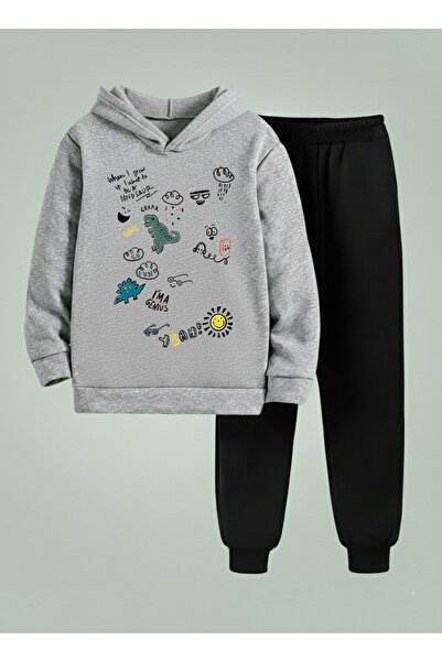 LORVEX Çocuk Kapüşonlu Takım KARİKATÜR Baskılı 3 İplik Şardonlu Sweatshirt - ...