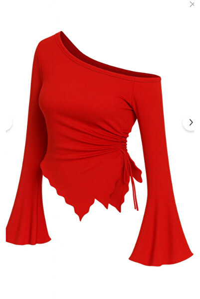 greymoda Κόκκινο μακρυμάνικο ασύμμετρο γιακά μπλούζα με ντραπέ πλαϊνά κορδόνια