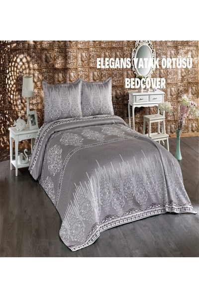 Lady London Elegans Şönil Pano 3 Parça Çift Kişilik Yatak Örtüsü-Antrasit Rengi