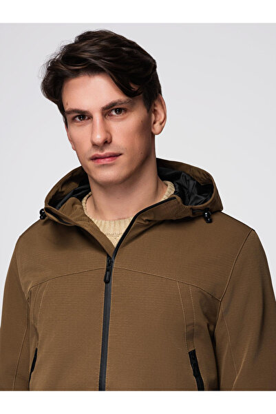 OMBRE Ελαφρύ ανδρικό μπουφάν με αδιάβροχη επίστρωση και κουκούλα - Καφέ V2 C638