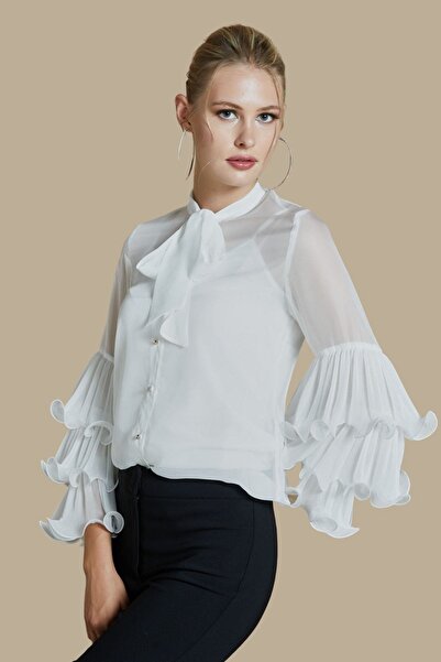 SERPİL Kadın Gömlek - Fular Yaka - Kat Kat Kol Detaylı - Modern ve Şık - Davet ve Özel Günler için Gömlek