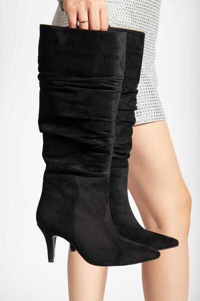 BUNİPARK Women's Pointed Toe Bellows Suede Boots Heel Height 8 cm