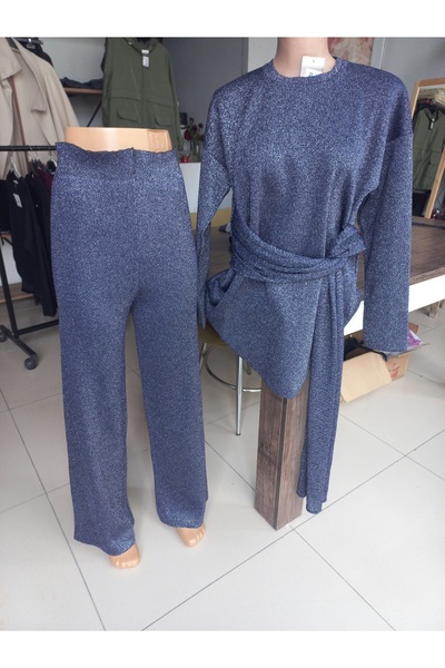 New Fashion Bisiklet yaka simli pantolonlu triko takım