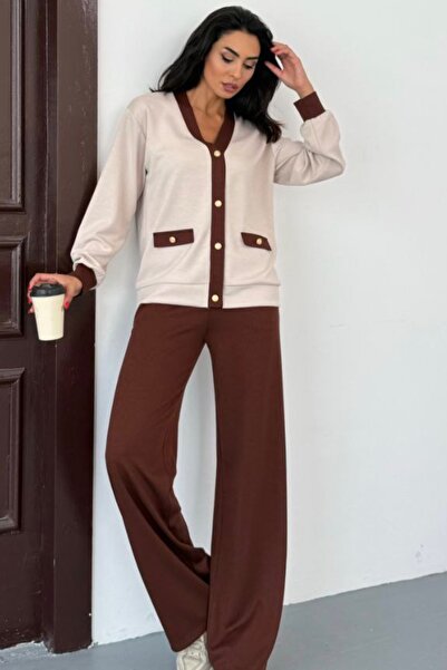 Ded COLLECTION Women's Gold Buttoned V-Neck Long Sleeve Cardigan Modal Set with Ornamental Pocket Detail