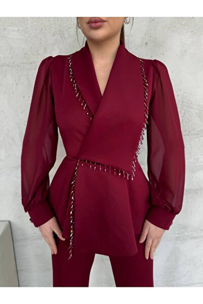 Siseniorita Elegant Women's Jumpsuit with Wide Leg Pants, Jacket Top and Veil Sleeves with Pearl Details