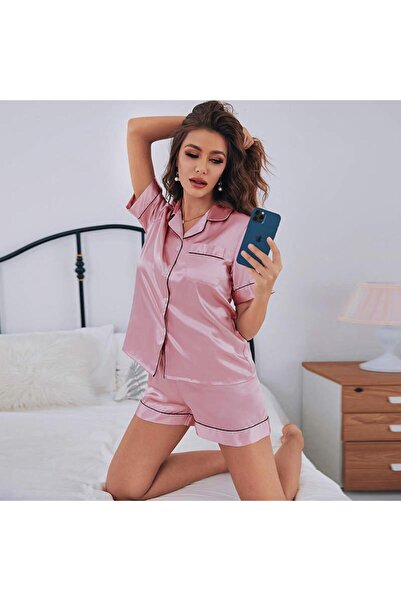 Trendyup Satin pajama set for women - shorts and short-sleeve blouse, size XL, Pink