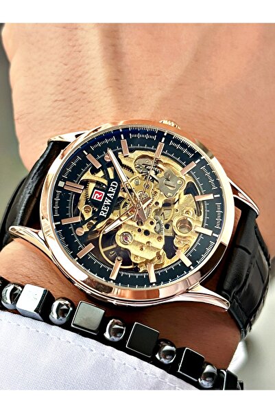 Reward Siyah Deri Kordon Otomatik Business Erkek Kol Saati + BİLEKLİK HEDİYELİ