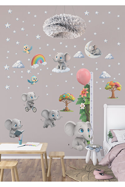 Ettycat Design مجموعة ملصقات حائط لقياس الطول بتصميم الفيل |   سجادة، قابلة ل...