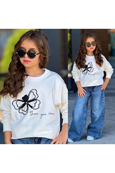 RAPAPA Girl's 2-Piece Set – Stone Printed Wide Leg Jean & Bow Sweatshirt – 2606