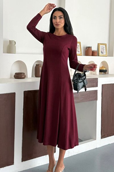 Ded COLLECTION Women's Round Neck Patchwork Cup Long Sleeve A-Line Midi Length Modal Dress