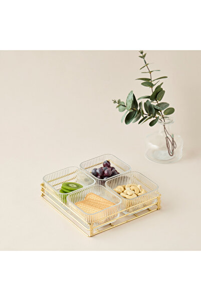 Lifestyle Shifaf Ribbed 4-Piece Glass Bowl Set with Stand