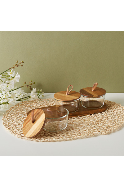 Lifestyle Round 3-Piece Glass Jar Set with Wooden Tray