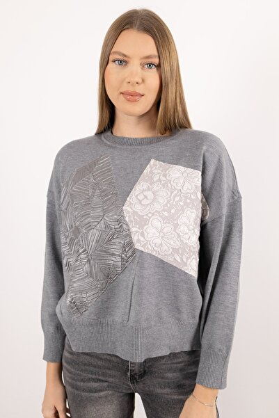 Butik Suat Bisiklet Yaka Detaylı Deri Desen İşlemeli Triko