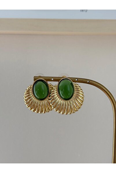 marsel aksesuar أقراط كبيرة الحجم من الفولاذ الذهبي بتصميم مروحة مينا خضراء