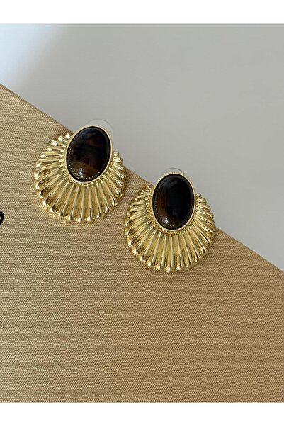 marsel aksesuar Brown Enamel Fan Model Large Size Gold Steel Earrings