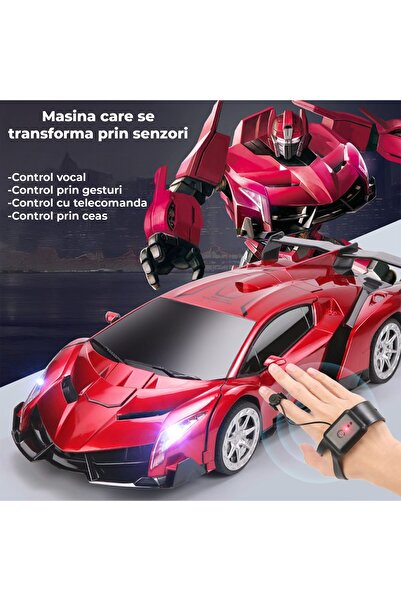 Timebox Transforming RC Robot Car, 360° Spin, Voice/Gesture, 2.4GHz, Lights/Sounds, 2 Batteries, Red