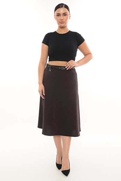 EXİTLİNE Women's Winter Classic Velvet Brown Skirt with Belt and Accessories