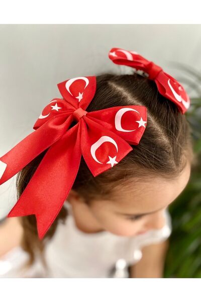 Kirpi toka El Yapımı Türk Bayraklı Kırmızı Kız Çocuk Saç Tokası ( Çift )