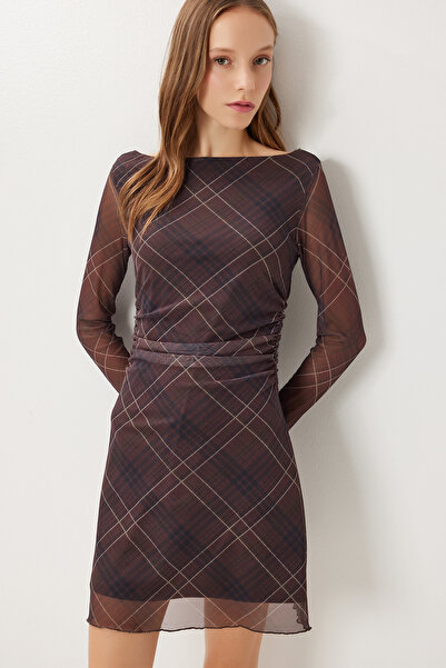 Lovelyİstanbul Patterned Gathered Mini Tulle Dress Lub0314 Brown