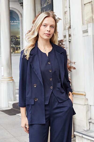 Jument Women's Suede Textured Fabric Collar Capri Sleeve Pocket Flap Blazer Jacket-Navy Blue