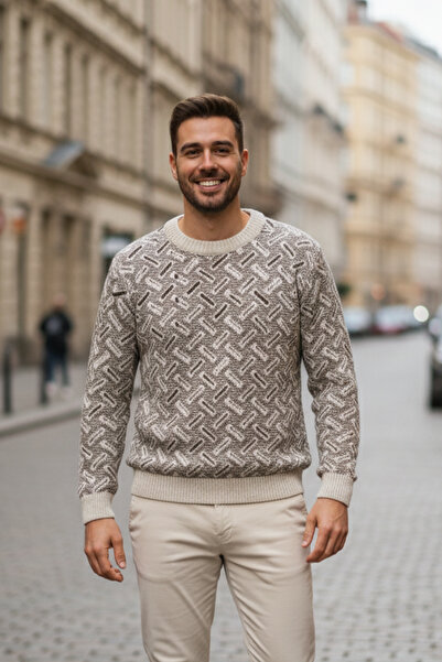 Pulltonic Erkek Bisiklet Yaka Desenli Kazak | %68 Kuzu Yünü